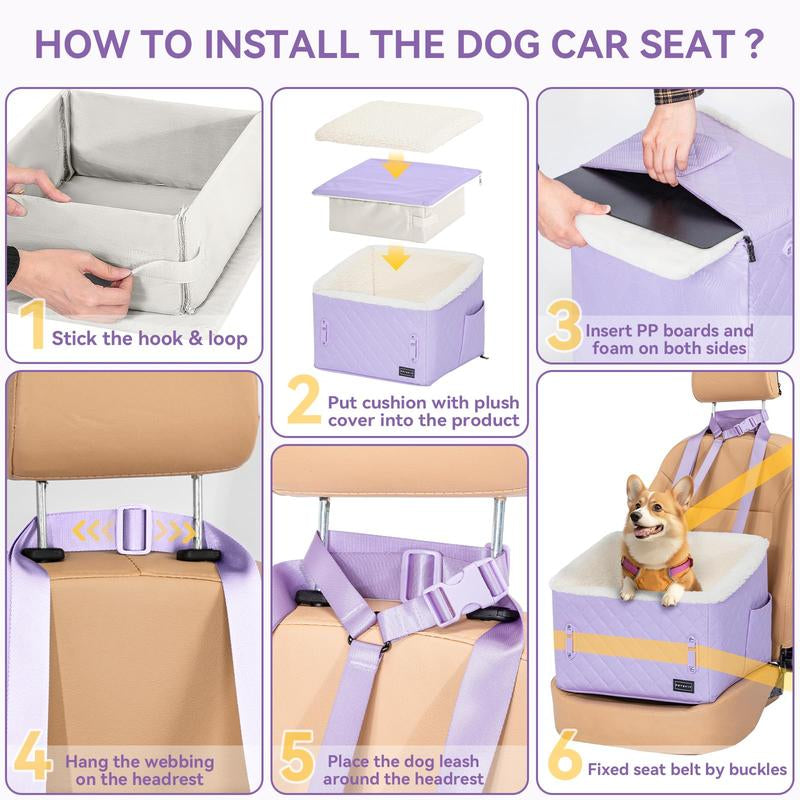 PETSFIT Dog Booster Car Seat, Soft Foam Cat Car Seat with Patented Safety Buckles, Storage Pockets and Detachable Clip-On Safety Leash, Dog Car Seats for Small Dogs under 30 LBS (Purple)