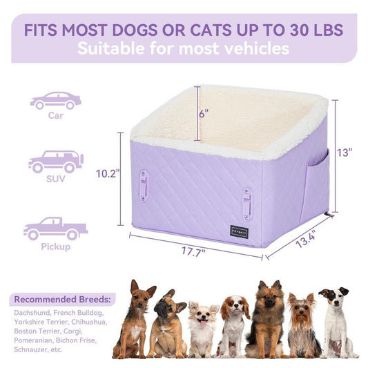 PETSFIT Dog Booster Car Seat, Soft Foam Cat Car Seat with Patented Safety Buckles, Storage Pockets and Detachable Clip-On Safety Leash, Dog Car Seats for Small Dogs under 30 LBS (Purple)