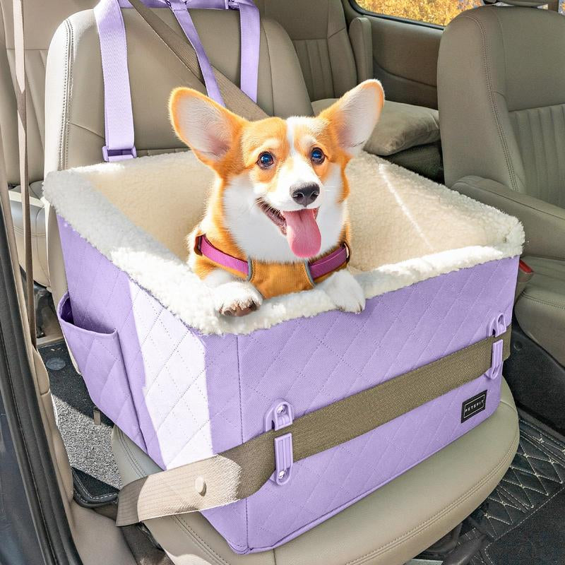 PETSFIT Dog Booster Car Seat, Soft Foam Cat Car Seat with Patented Safety Buckles, Storage Pockets and Detachable Clip-On Safety Leash, Dog Car Seats for Small Dogs under 30 LBS (Purple)