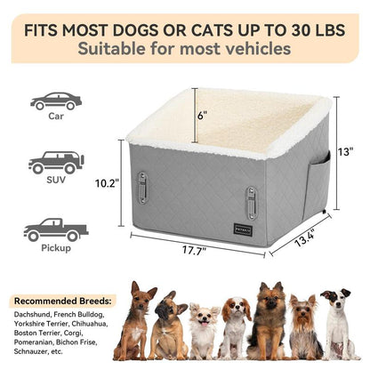PETSFIT Dog Booster Car Seat, Soft Foam Cat Car Seat with Patented Safety Buckles, Storage Pockets and Detachable Clip-On Safety Leash, Dog Car Seats for Small Dogs under 30 LBS (Purple)