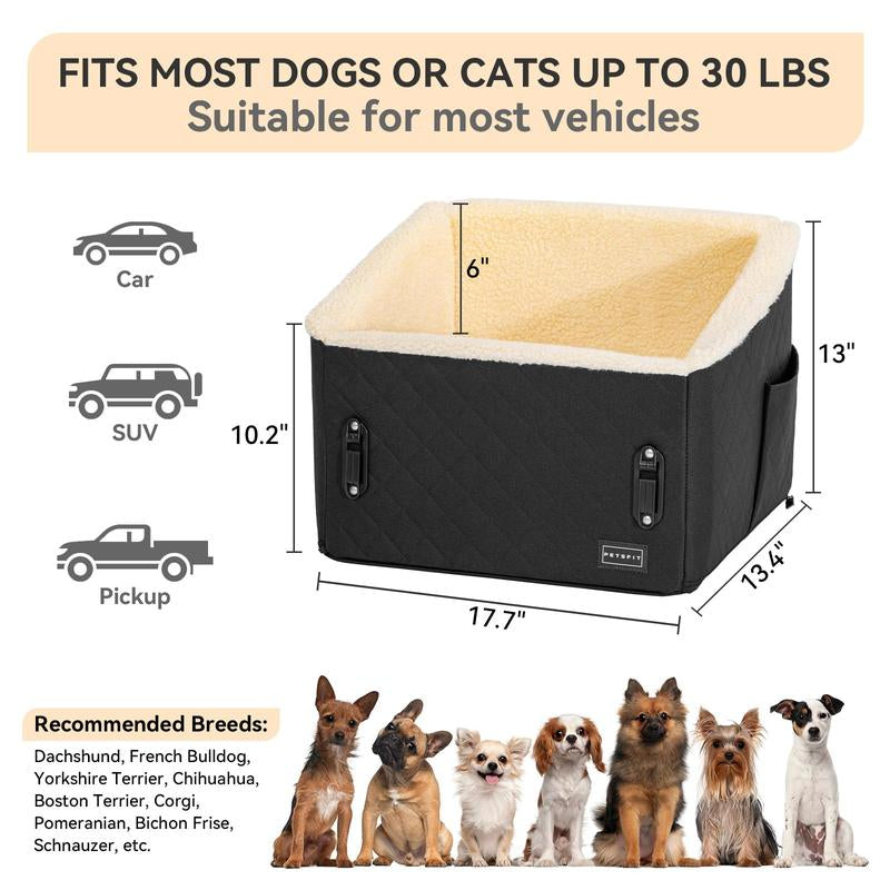 PETSFIT Dog Booster Car Seat, Soft Foam Cat Car Seat with Patented Safety Buckles, Storage Pockets and Detachable Clip-On Safety Leash, Dog Car Seats for Small Dogs under 30 LBS (Purple)