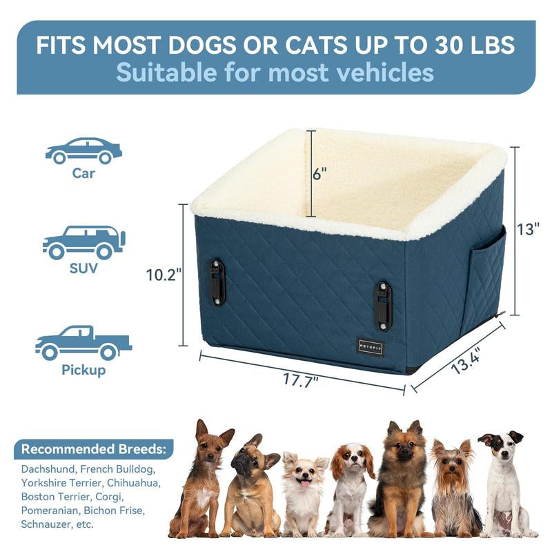 PETSFIT Dog Booster Car Seat, Soft Foam Cat Car Seat with Patented Safety Buckles, Storage Pockets and Detachable Clip-On Safety Leash, Dog Car Seats for Small Dogs under 30 LBS (Purple)