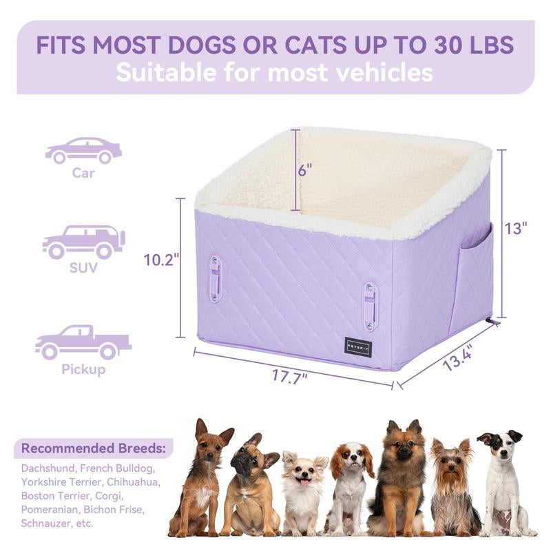 PETSFIT Dog Booster Car Seat, Soft Foam Cat Car Seat with Patented Safety Buckles, Storage Pockets and Detachable Clip-On Safety Leash, Dog Car Seats for Small Dogs under 30 LBS (Purple)